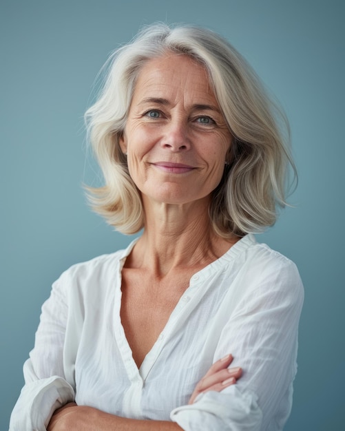 Een oudere vrouw met haar armen gekruist staande voor een blauwe achtergrond