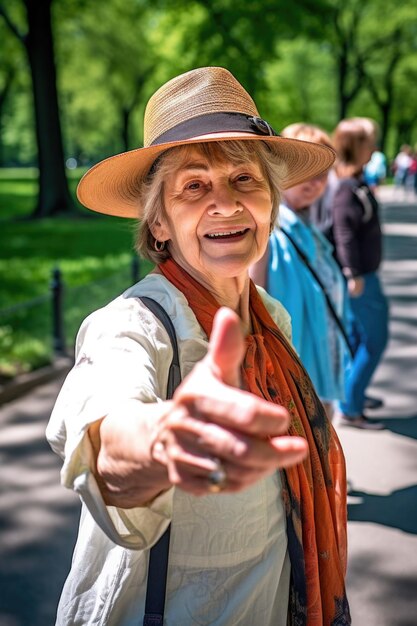 Foto een oudere vrouw op een historische rondleiding door central park gemaakt met generatieve ai