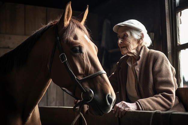 Een oudere vrouw rijdt op een paard in een stal