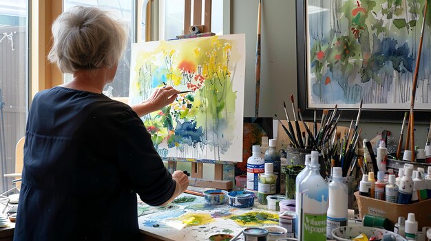 Een oudere vrouw schildert aan haar easel in haar atelier thuis