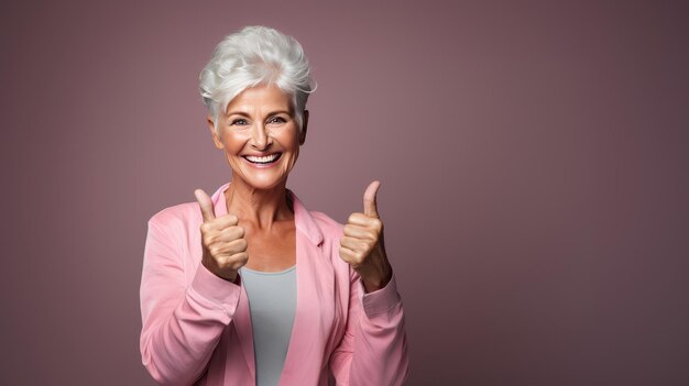 Een oudere vrouw toont zelfverzekerd een duim omhoog die positiviteit en succes uitstraalt