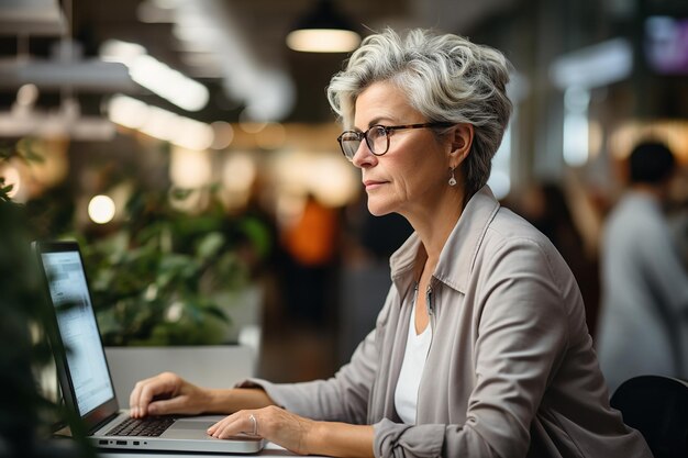 een oudere vrouw van 50 jaar met grijs wit haar in een wit shirt zit aan een computer