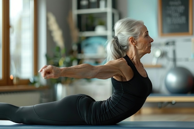 Een oudere vrouw voert thuis Pilates-oefeningen uit