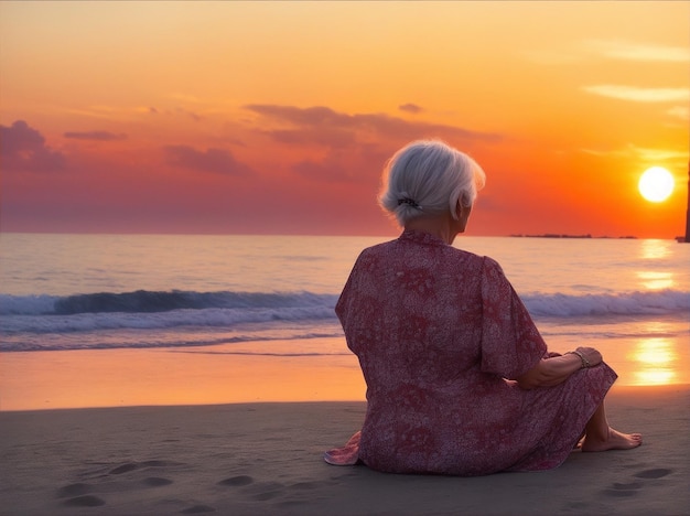 Een oudere vrouw zit achterstevoren op het strand en kijkt naar de zonsondergang met dramatische set door Generative AI