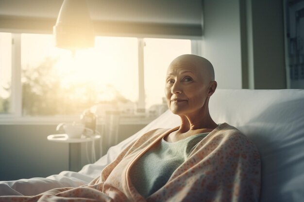 Foto een oudere vrouw zit in een ziekenhuiskamer na chemotherapie.