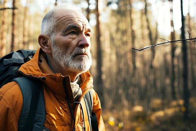 Een oudere wandelaar geniet van de eenzaamheid van het bos