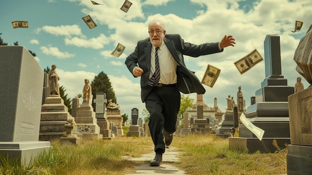 Een oudere zakenman loopt door het kerkhof voor een vliegend bankbiljet.