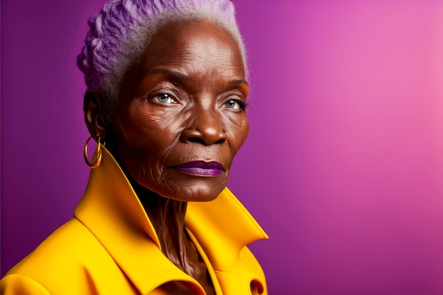 Een oudere zwarte vrouw met grijs en paars haar met paarse lippen, gekleed in een geel shirt Generative AI