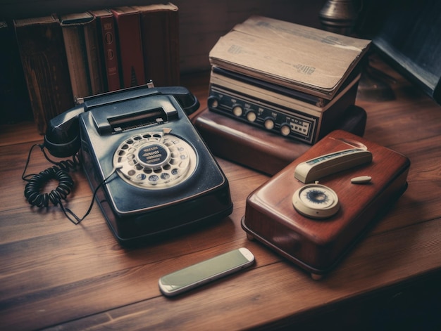 Een ouderwetse telefoon en andere voorwerpen op een tafel Generatieve AI-beeld