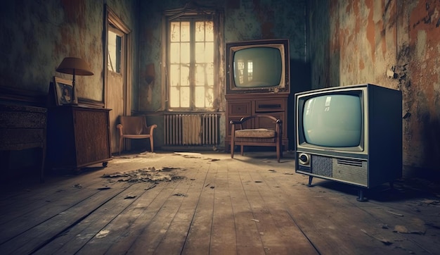 een ouderwetse televisie in een lege kamer in de stijl van marineblauw en bruin