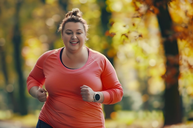 Een overgewicht vrouw loopt in een park met een glimlach op haar gezicht