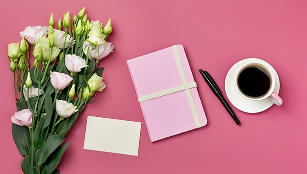 Een overheadbeeld van boeket bloemen met dagboekkaartpen en koffiekop op roze achtergrond kopieerruimte