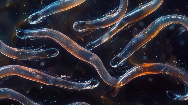 Foto een overheadbeeld van een groep nematoden die allemaal in synchronisatie bewegen, wringt het hoge contrast