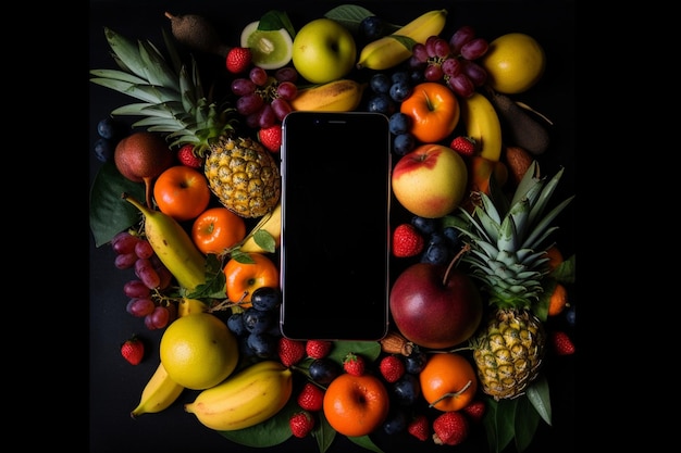 Foto een overheadbeeld van een smartphone met veel vruchten op een zwarte achtergrond