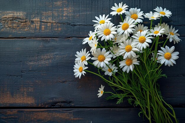 Een overheersend uitzicht op een boeket daisy op de houten achtergrond