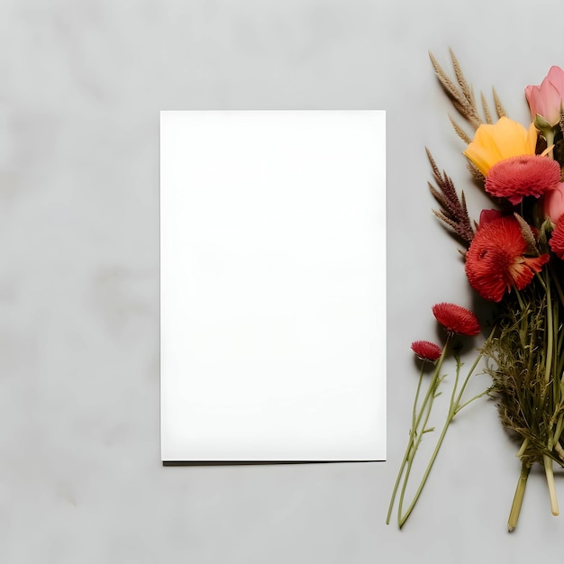 Een overhoogbeeld van de witte kaart een blank blad papier er liggen bloemen rond