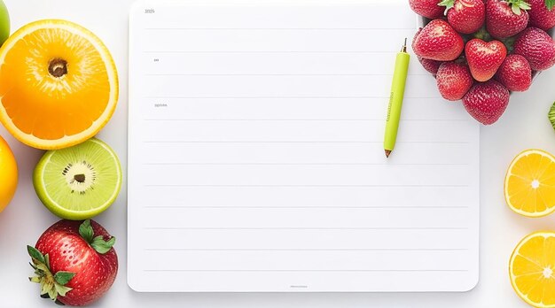 Een overhoogbeeld van een wit spiraalvormig notitieboekje met veel kleurrijke vruchten