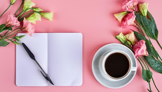 Een overhoogbeeld van eustoma bloemen met dagboekkaartpen en koffiekop op roze achtergrond kopieerruimte