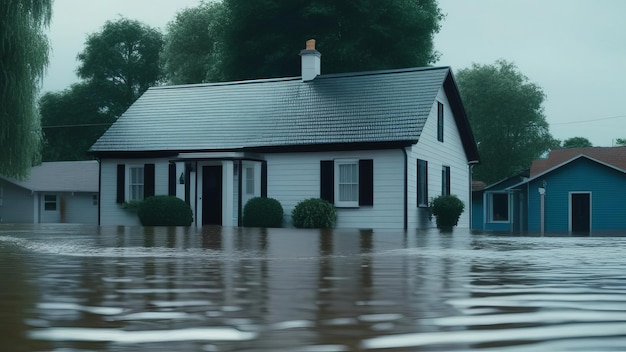 Een overstroomde straat houten huizen staan in het water