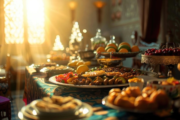 Een overvloedige iftar tafel verspreid met traditionele Ramadan gerechten