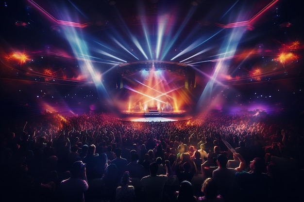 Een overvolle concertzaal verlicht door podiumverlichting Genatieve AI