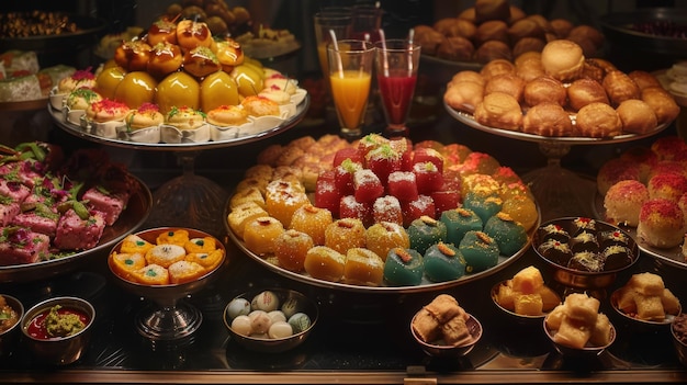 Een overweldigende tentoonstelling van Indiase snoep en desserts, waaronder gulab jamun rasgulla en jalebi, die de kijker verleiden met hun onweerstaanbare zoetheid en decadentie.