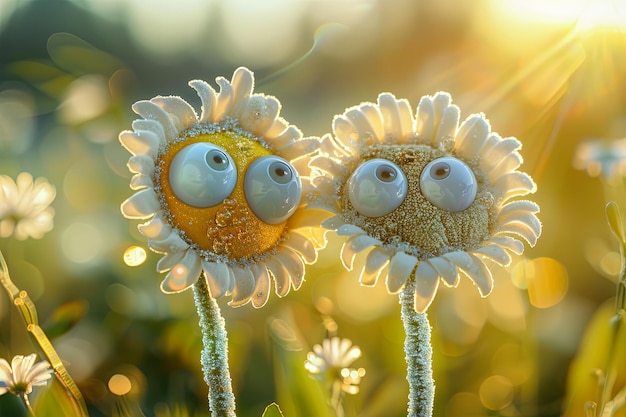 Foto een paar antropomorfe grillige madeliefjes kantelen hun gezichten naar elkaar hun delicate bloemblaadjes ontmoeten elkaar in een tedere kus onder de gouden stralen van de zon