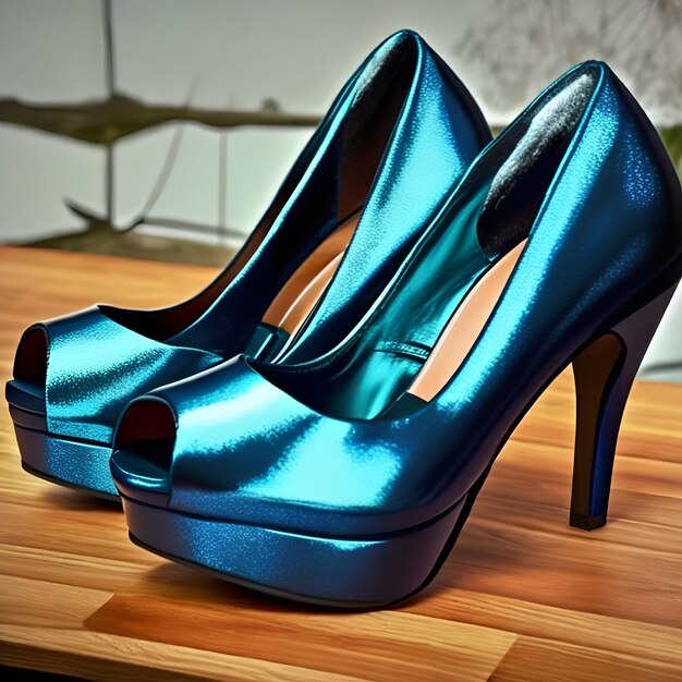 Een paar blauwe schoenen met hoge hakken staan op een houten ondergrond.