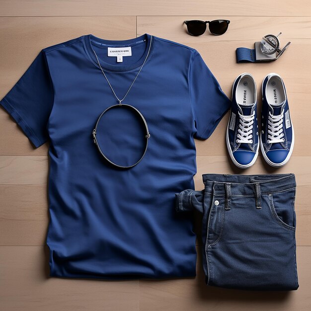 een paar blauwe sneakers en een blauw shirt