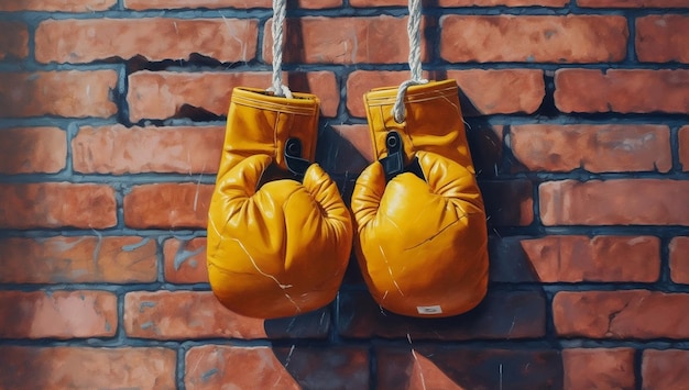 Foto een paar bokshandschoenen die aan een bakstenen muur hangen