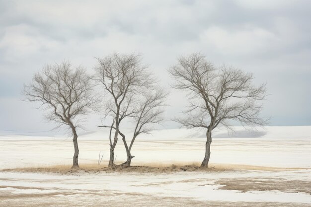 Foto een paar bomen die in de sneeuw staan