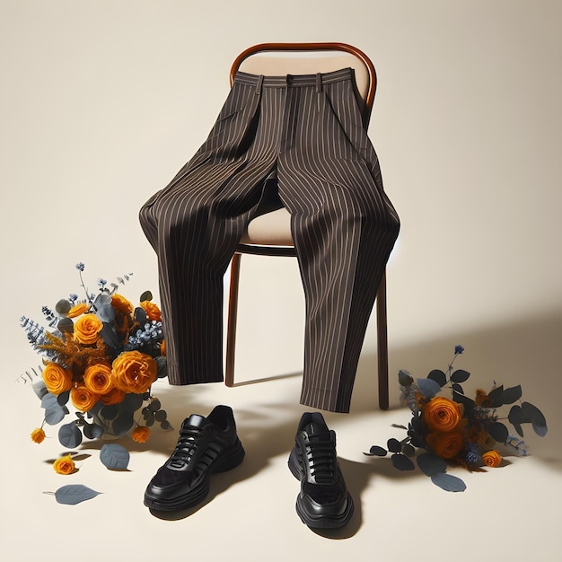 Een paar broeken zit tegenover een stoel met een boeket bloemen.