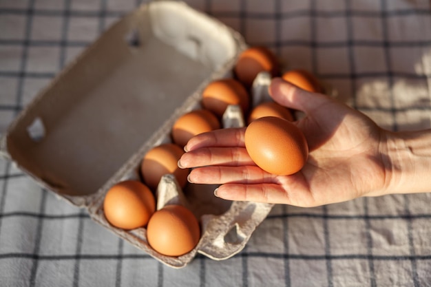 Een paar bruine eieren tussen de lege cellen van een grote kartonnen zak