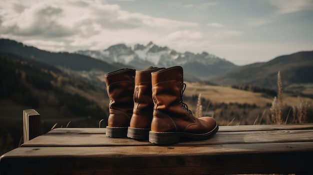 Foto een paar bruine leren laarzen staan op een houten tafel voor een berglandschap.