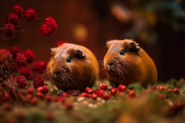 Een paar cavia's in een bedje van rode bessen