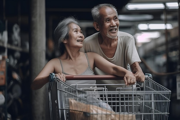 Een paar Chinese senior man en vrouw in een supermarkt met een winkelwagentje