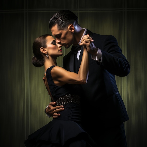 Een paar dat zwarte kleding draagt die tangodans generatieve AI doet