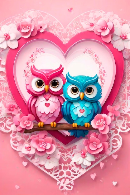 Foto een paar erg schattige twee roze uilen op een tak concept van liefdesbelijdenis