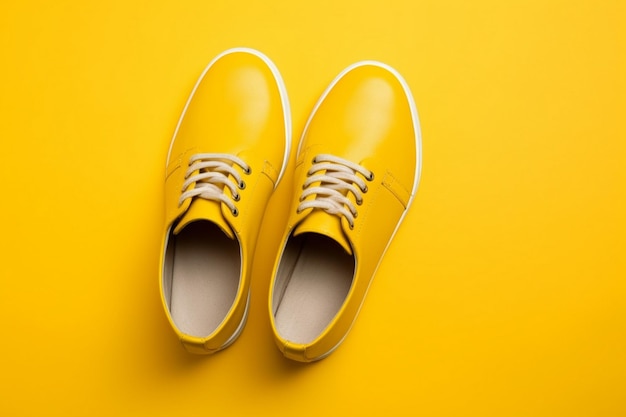 Foto een paar gele schoenen met het woord schoen op de voorkant.