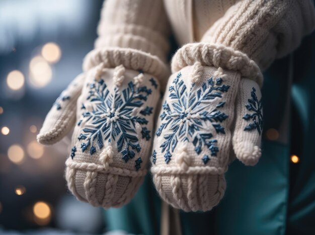 Foto een paar gezellige handschoenen met ingewikkelde sneeuwvlokkenpatronen