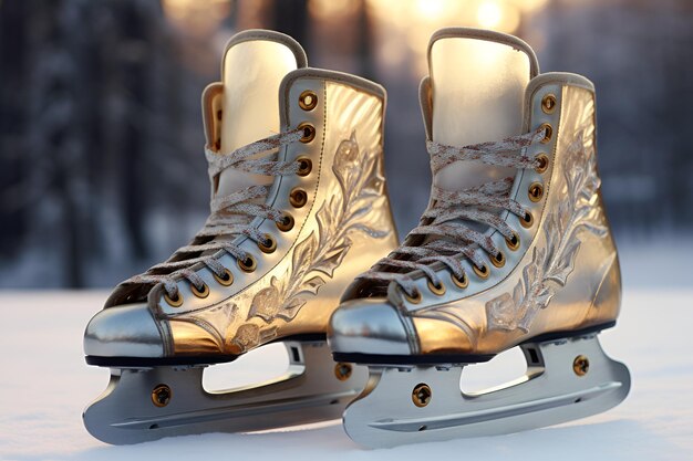 Een paar glanzende witte vintage schaatsen met delicaat borduurwerk voor kunstschaatsprestaties in de sneeuw in het zonlicht Figuurschaatsen in de sneeuw close-up Winteractiviteit banner AI