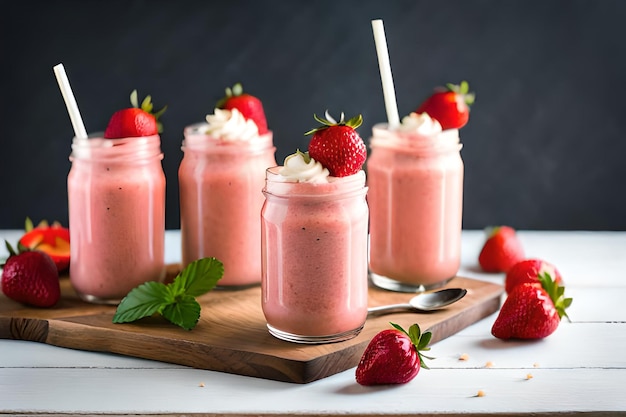 Een paar glazen aardbeiensmoothie op een houten bord