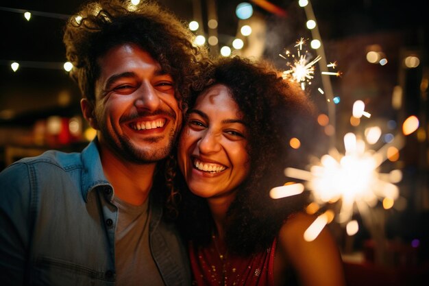 Een paar glimlachende, leuke vrienden vieren en hebben plezier met vonken en bengalen lichten in een feestelijke studioomgeving.