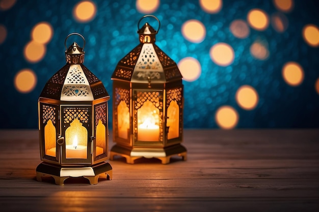 Een paar gloeiende Marokkaanse sierlantaarns op de tafel Begroetingskaart uitnodiging voor de islamitische heilige maand Ramadan Kareem feestelijke blauwe nacht achtergrond met glinsterende gouden bokeh lichten