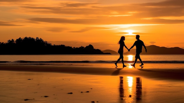 Een paar hand in hand op een strand bij zonsondergang