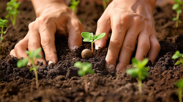 Een paar handen die een zaadje in vruchtbare bodem planten, wat voeding en groei symboliseert