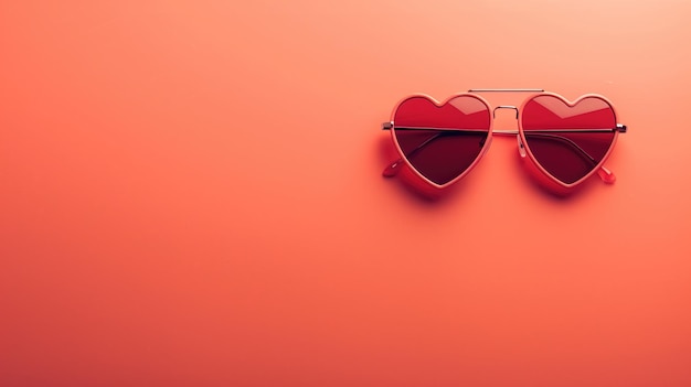 Een paar hartvormige zonnebrillen rusten op een vaste rode achtergrond die plezier en mode symboliseert