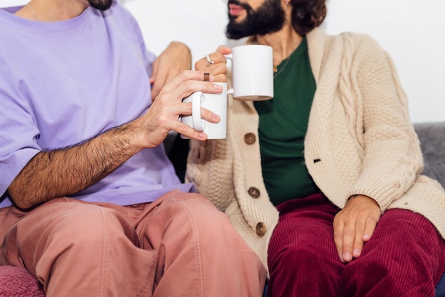 Een paar homo's ontspannen thuis op de bank