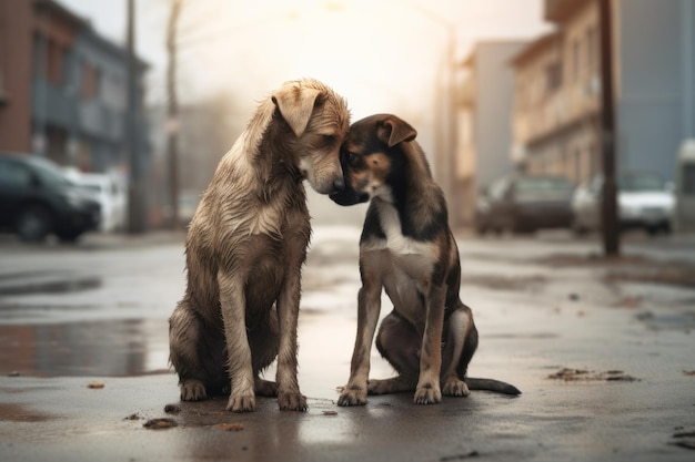 Een paar honden verlaten in het midden van een straat geven elkaar genegenheid