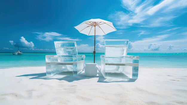 Een paar ijsbankstoelen op het strand verfrissend concept Vakantie op de warme kust met koude stoelen gegenereerd door AI